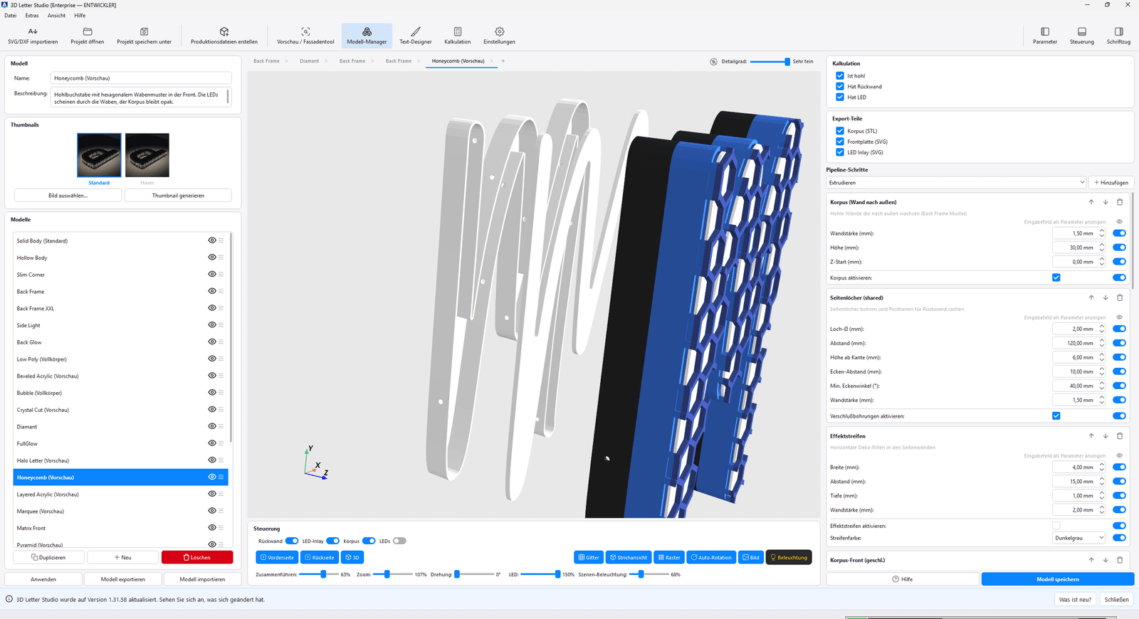 3D-Letter Studio: Modell-Manager mit mehrteiligem 3D-Buchstaben und Wabenstruktur